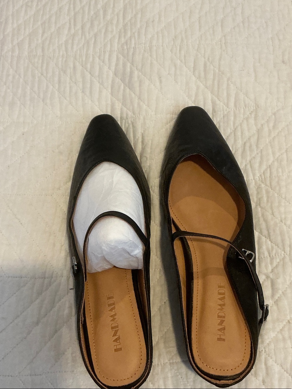 Handmade Black Leather Pointed-Toe Mary Jane Mules